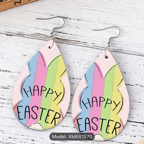 Easter Bunny Earrings Print Cartoon Colorful PU Leather Waterdrop Earrings - Picture 1 of 2